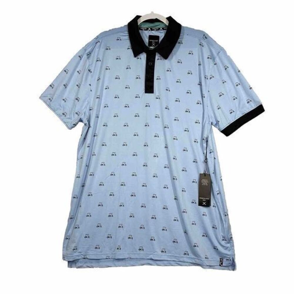 NEW Kenneth Cole Mens Blue Golf Cart Print Polo Shirt Wicking UPF 50+ Stretch 1X